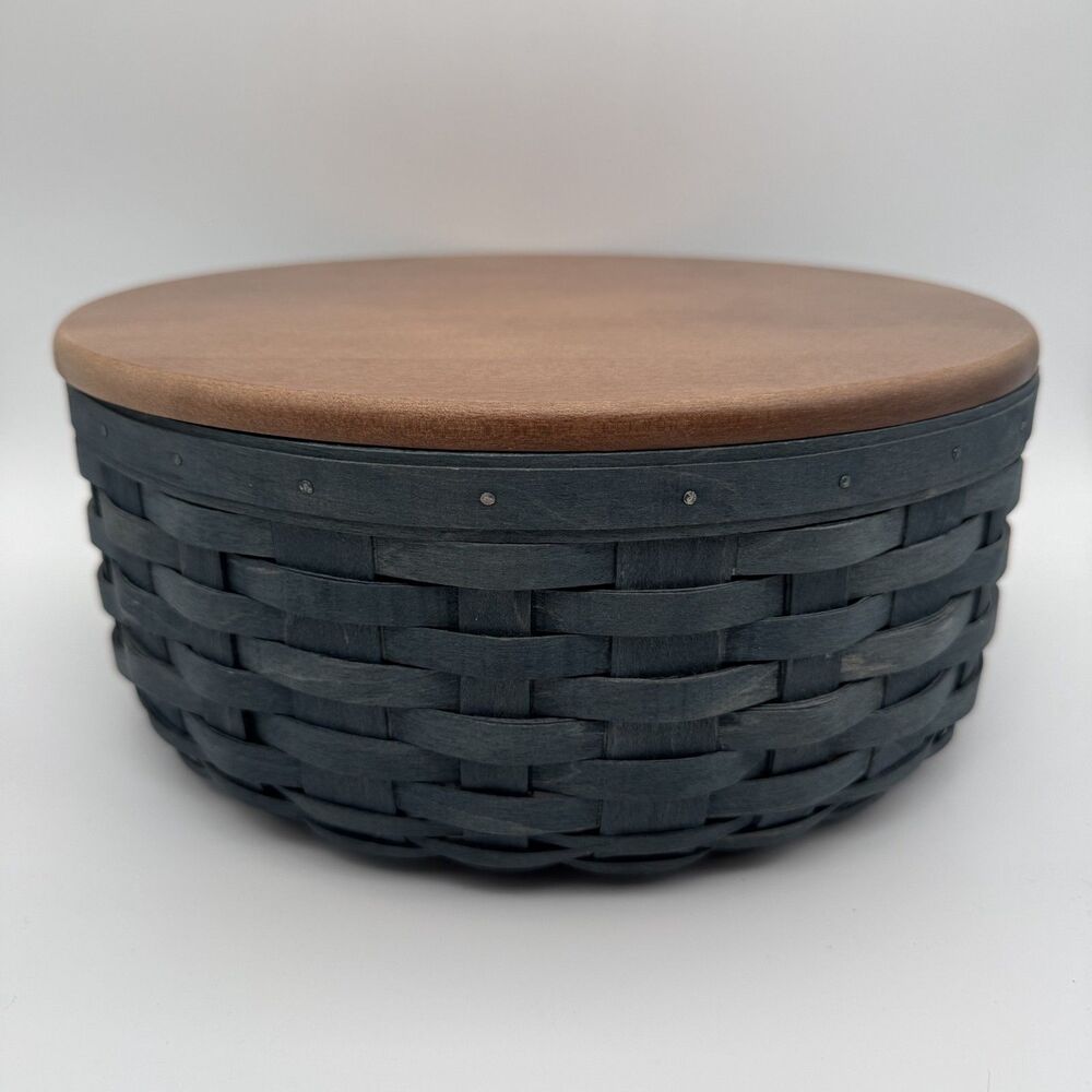 Longaberger Navy Blue 11" Round Keeping Basket Wood Lid Red Calico Liner Set